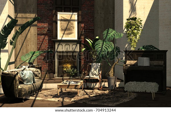 Living Room Fireplace Interior Old Style Stock Illustration 704913244