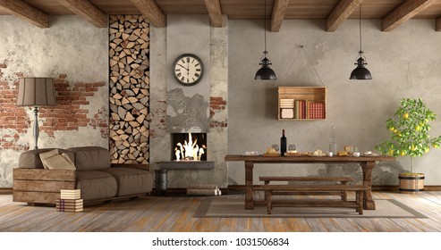 living room with fireplace in rustic style with sofa and dining table - 3d rendering