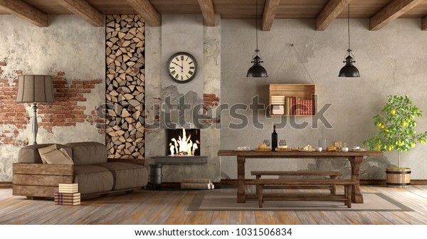 living room with fireplace in rustic style with\
sofa and dining table - 3d\
rendering
