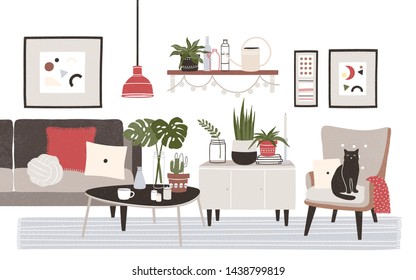 Living Room Full Of Cozy Furniture And Home Decorations - Sofa, Armchair, Coffee Table, Shelf, Wall Pictures, Potted Plants. Apartment Furnished In Modern Scandinavian Style. Flat Illustration.