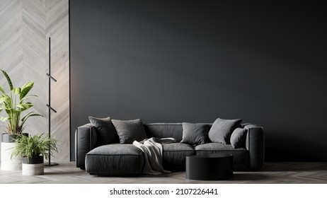 Living room in gray and black colors. blank empty dark room interior. Design in minimalist style. Graphite sofa and herringbone beige accent. 3d render
