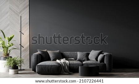 Living room in gray and black colors. blank empty dark room interior. Design in minimalist style. Graphite sofa and herringbone beige accent. 3d render Foto stock © 