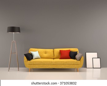 Living Room Gray Wall With Yellow Sofa-interior Background