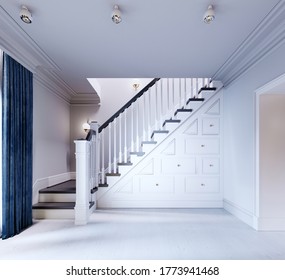 Living room with hallway and stairs to the second floor, lockers under the stairs. white and yellow color of the interior. 3D rendering.