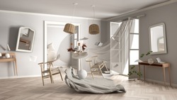 Living Room, Home Chaos Concept With Chairs And Table, Carpet, Windows And Curtains, Broken Vase, Mirrors, Furniture And Other Accessories Flying In The Air, Explosion, Gust Of Wind, 3d Illustration