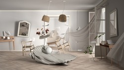 Living Room, Home Chaos Concept With Chairs And Table, Carpet, Windows And Curtains, Broken Vase, Mirrors, Furniture And Other Accessories Flying In The Air, Explosion, Gust Of Wind, 3d Illustration