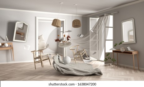 Living Room, Home Chaos Concept With Chairs And Table, Carpet, Windows And Curtains, Broken Vase, Mirrors, Furniture And Other Accessories Flying In The Air, Explosion, Gust Of Wind, 3d Illustration