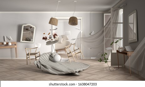 Living Room, Home Chaos Concept With Chairs And Table, Carpet, Windows And Curtains, Broken Vase, Mirrors, Furniture And Other Accessories Flying In The Air, Explosion, Gust Of Wind, 3d Illustration