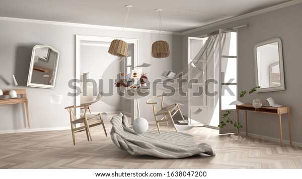 Living room, home chaos concept with chairs\
and table, carpet, windows and curtains, broken vase, mirrors,\
furniture and other accessories flying in the air, explosion, gust\
of wind, 3d\
illustration