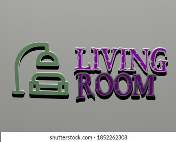 Living Room Icon And Text On The Wall, 3D Illustration