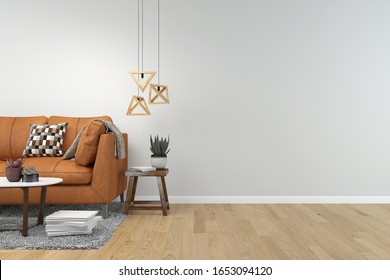 living room interior 3d render leather sofa table lamp background wood floor wooden wall template design texture