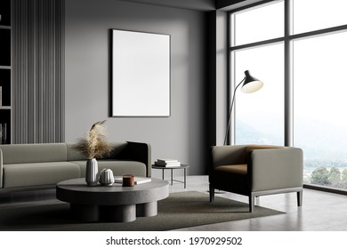 Living Room Interior With Armchair And Sofa, Coffee Table With Books And Decoration, Concrete Floor. Panoramic Window With Countryside. Mockup Blank Copy Space Frame, 3D Rendering