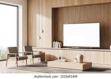 Living Room Interior With Armchairs And Coffee Table, Side View, Cabinet With Tv Set, Hardwood Floor, Panoramic Window On Countryside. Mock Up Blank Tv Display. 3D Rendering