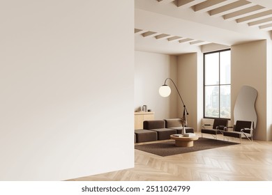 Living room interior with a blank wall on the left, cozy furniture, and a large window. Modern design with natural light and wooden flooring. Mockup template. 3D Rendering