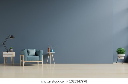 Living Room interior with blue velvet armchair and cabinet,3D rendering