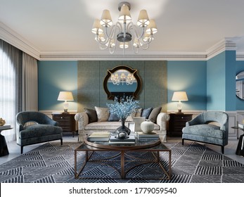 Wohnzimmereinrichtung im klassisch mediterranen Stil mit beigem Sofa, zwei blauen Sesseln und blauen Wänden, Fernseher und Inneneinrichtung. 3D-Darstellung.