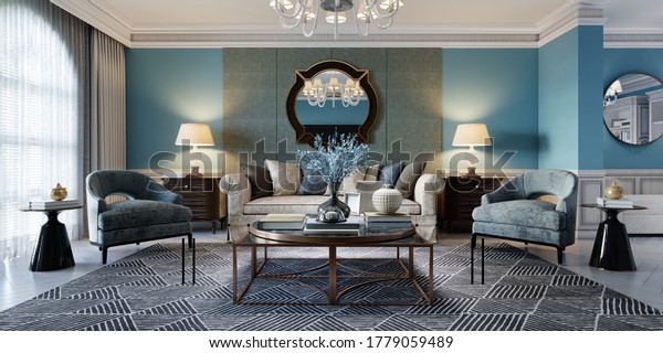 Living room interior in classic Mediterranean\
style with a beige sofa and two blue armchairs and blue walls, a TV\
unit and interior decor. 3D\
rendering.