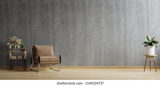 Living Room Interior Room Concrete Wall Mockup Has An Armchair On Empty Dark Wall Background.3d Rendering