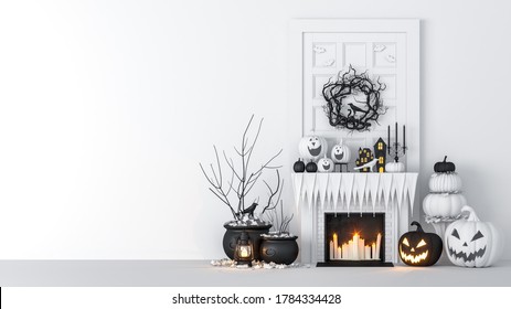 Living room interior decorated with lanterns and Halloween pumpkins, Jack-o-lantern, for Halloween party, 3D Rendering - Powered by Shutterstock