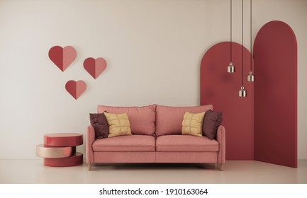 Living room interior decoration in a Valentine's day concept with pink sofa red partition, red and pink heart on wall. 3d rendering living room interior design.