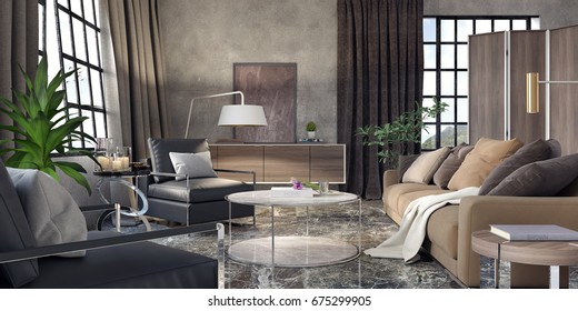 Modern Living Room Mezzanine 3d Rendering Stock Illustration 682634782 ...