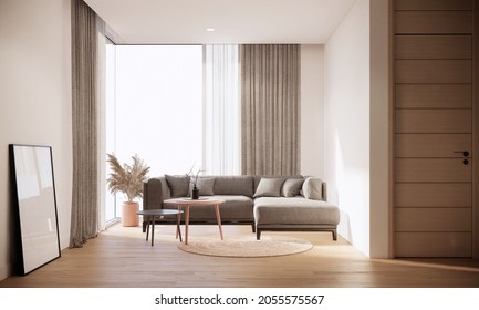 Living room room interior design and decoration in modern and earth tone, fabric sofa, round coffee table, round carpet, wooden floor and sunlight from window, 3d rendering mock up condominium.