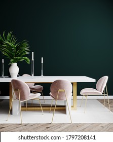 Living room interior design scene with pink chair, table and empty green wall, room interior mock up, empty room interior background, green empty wall mockup, 3d render