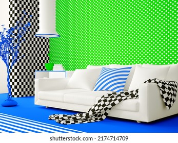 Living Room Interior Design With Sofa. Memphis Style. Bright Cartoon Interior, Pop Art Idea. Green Polka Dot Wallpaper With White Sofa And Furniture. Design 3d Rendering