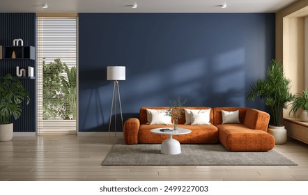 living room interior design,cozy home have Rusty sofa with blue mockup with wood cabinet and wood floor parquet, 3d render