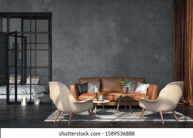 Living Room Interior In Loft, Industrial Style, 3d Render