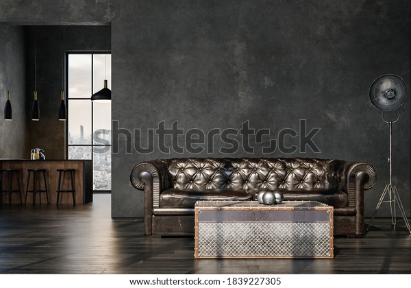 Living\
room interior in loft, industrial style, 3d\
render