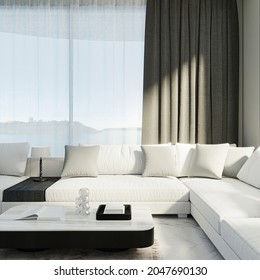 Living Room Interior Mock Up, Black And White Room Interior, 3d Rendering