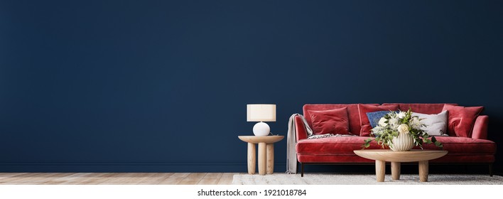 Living room interior mock-up with red sofa, wooden table and rattan home decoration in dark blue background, panorama, 3d render, 3d illustration