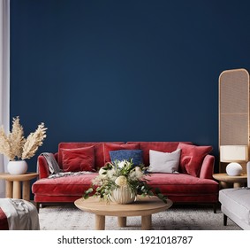 Living room interior mock-up with red sofa, wooden table and rattan home decoration in dark blue background, 3d render, 3d illustration