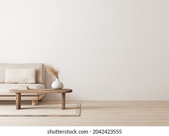 Living room interior mockup in wabi-sabi style with low sofa, jute rug and dried grass decoration on empty warm neutral wall background. 3d rendering, illustration.