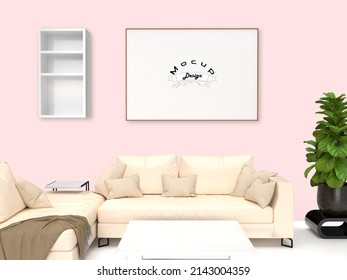 Living Room Interior With Mocup Frame Background,3D Render With Adobe Dimension