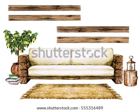 Living Room Interior with Natural Neutral Design - Watercolor Illustration.
