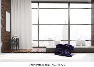 Living Room Interior In New York City. Coffee Table Under Large Poster. White Curtain On Big Window. Gray Bed With Pillows And Blanket. Concept Of Rest At Home.3d Rendering. Mock Up