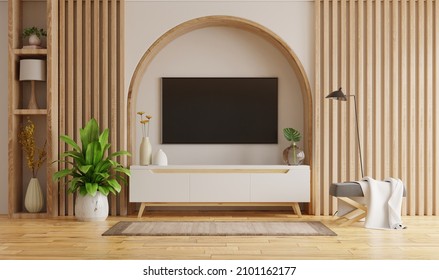 Living Room Interior With Tv On Cabinet And Decorative Lath On Empty White Wall Background.3D Rendering