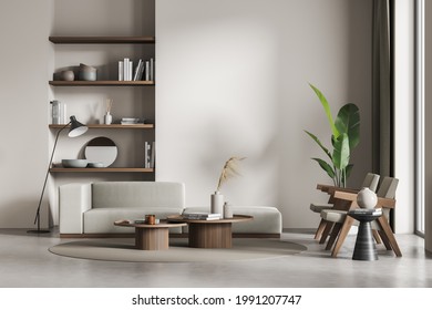 Living Room Interior With Two Chairs And Sofa On Concrete Floor, Lamp And Window. Library, Art Room With Minimalist Furniture On Grey Floor. Mockup Copy Space Blank Wall, 3D Rendering