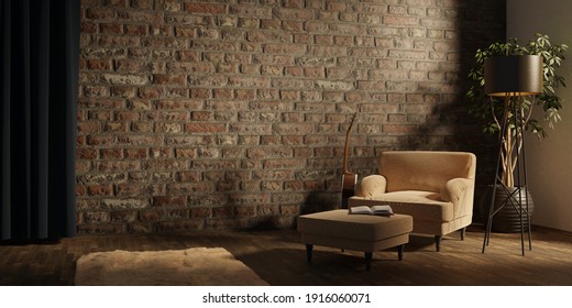 Living Room interior with velvet armchair and lamp, guitar and book. 3D rendering