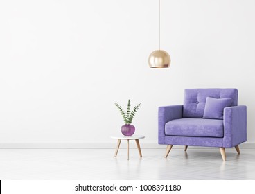 Living Room Interior With Violet Velvet Armchair, Pillow, Plant In Vase, Hanging Lamp And Coffee Table On Empty White Wall Background. 3D Rendering.