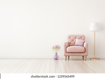 Living Room Interior Wall Mock Up With Pink Tufted Armchair, Pastel Pillow, Standing Lamp And Flowers In Vase On Neutral Empty Warm White Background.  Free Space On Left. 3D Rendering.