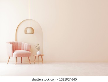 Living room interior wall mock up with pastel coral pink armchair, pendant lamp and arch on empty beige wall background. 3D rendering.