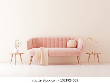 Living room interior wall mock up with pastel coral pink sofa, round pillow and plaid on empty beige wall background. 3D rendering.