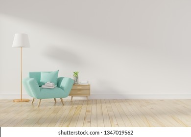 Living Room Interior Wall Mock Up With Pink Tufted Armchair, Pastel Pillow, Standing Lamp And Flowers In Vase On Neutral Empty Warm White Background. Free Space On Left. 3D Rendering. - Illustration