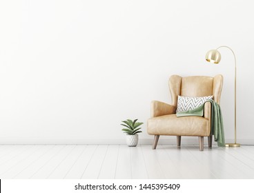 Living Room Interior Wall Mockup With Tan Brown Leather Armchair, Pillow, Plaid, Green Plant In Pot And Brass Floor Lamp On Empty White Wall Background. 3D Rendering, Illustration.