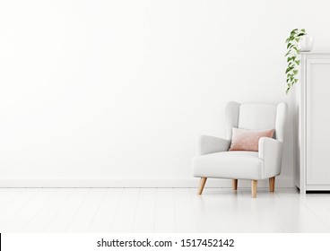 Living Room Interior Wall Mockup With White Fabric Armchair, Pink Pillow And Green Plant On The Case On White Wall Background. 3D Rendering, Illustration.