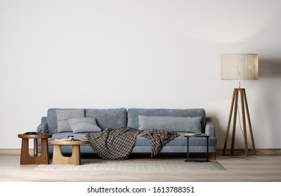 Living Room Interior Wall Mockup With Blue Sofa, Pillow, Wooden Side Table On Empty White Wall Background. 3D Rendering, 3D Illustration.