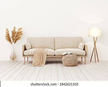 Living room interior wall mockup in warm tones with beige linen sofa, dried Pampas grass, woven table and boho style decoration on empty wall background. 3D rendering, illustration.